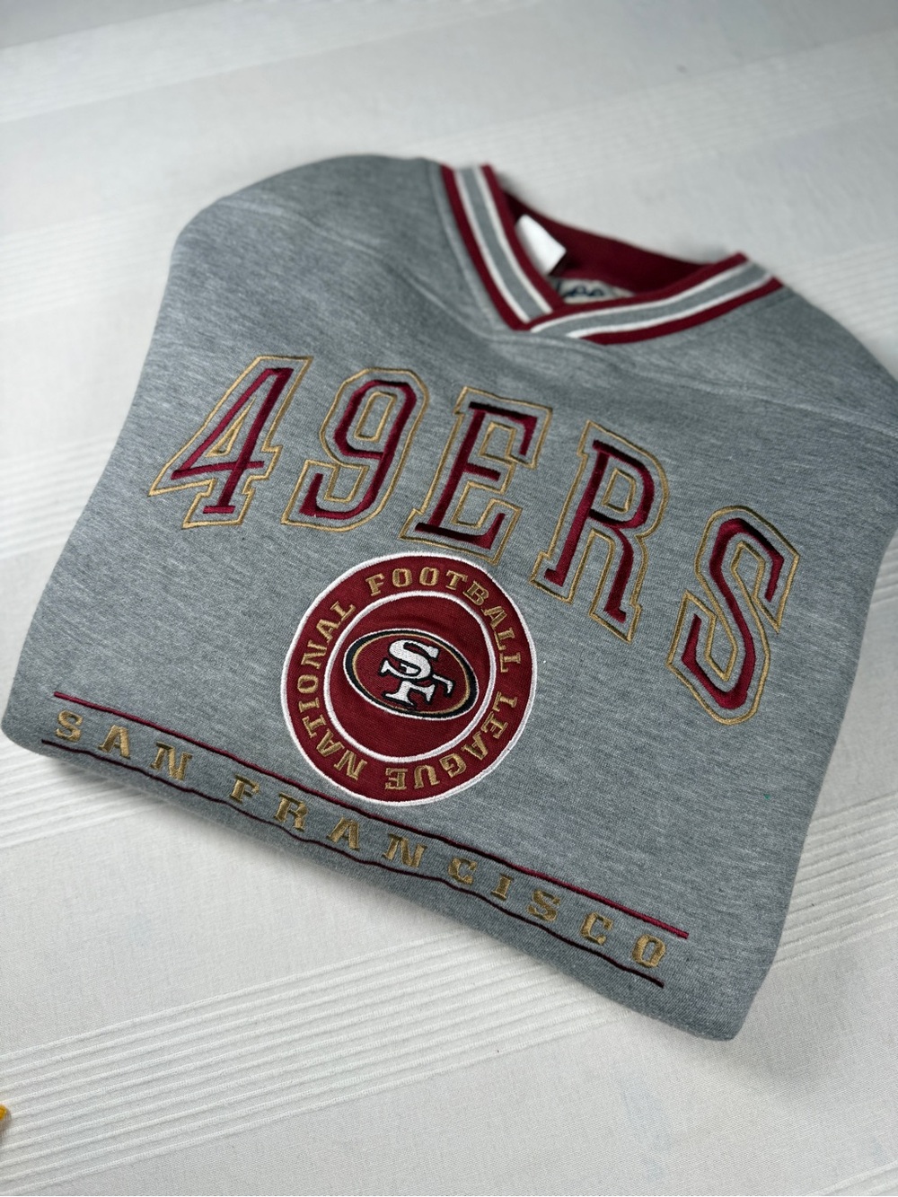 Vintage Lee Gray 49ERS V-Neck Sweater with Red & Gold Trim